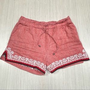 Anthropologie Linen Striped Shorts Embroidered Hem Bohemian Size Small